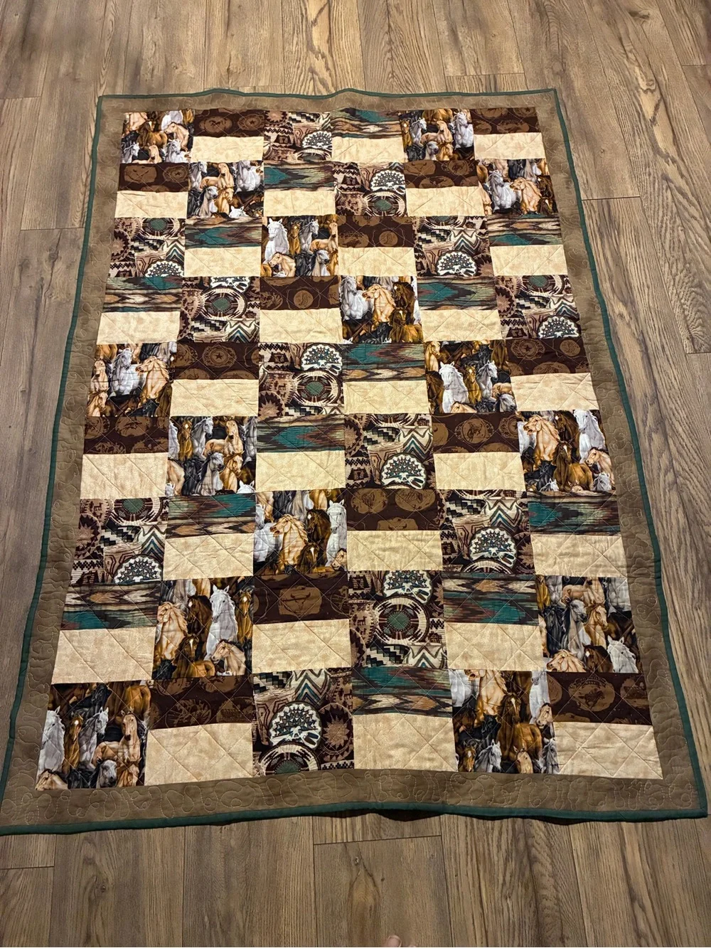 Handmade Western Patchwork Quilt in Brown, Cream & Teal 61” x42”